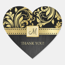 Elegant Black and Gold Foloral Damask Thank You! Stickers