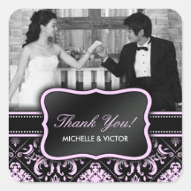 Elegant Pastel  Pink and Black Damask Thank You Stickers