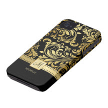 Eleganter Schwarz-und Golddamast mit Monogramm iPhone 4 Cover