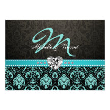 Elegantes Aqua blaues und schwarzes Damast-Monogra Personalisierte Einladungskarten