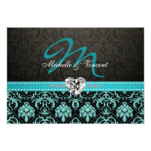 Elegantes Aqua blaues und schwarzes Damast-Monogra Personalisierte Einladungen