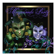 Elegantes Goldlila Maskerade-Party Einladungen
