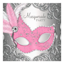 Elegantes rosa silbernes Masken-Maskerade-Party Personalisierte Ankündigungskarte