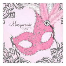 Elegantes Silber und rosa Maskerade-Party Individuelle Ankündigungskarte