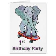 Elephant on Skateboard 1st Birthday Greeting Card
