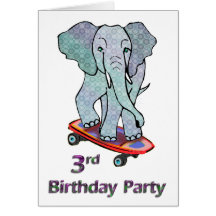 Elephant on Skateboard 3rd Birthday Greeting Cards