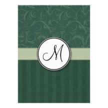Emerald Teal Floral Wisps & Stripes with Monogram Custom Invitation