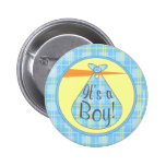 Es ist ein Jungen-Knopf - blauer karierter Storch Anstecknadelbutton