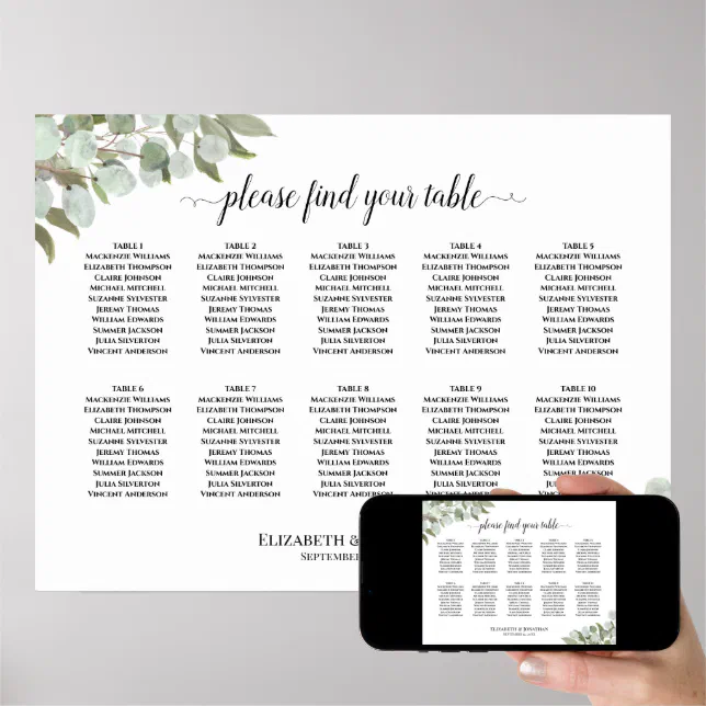 Eukalyptus Greenery 10 Table Wedding Seating Chart Poster Zazzle De