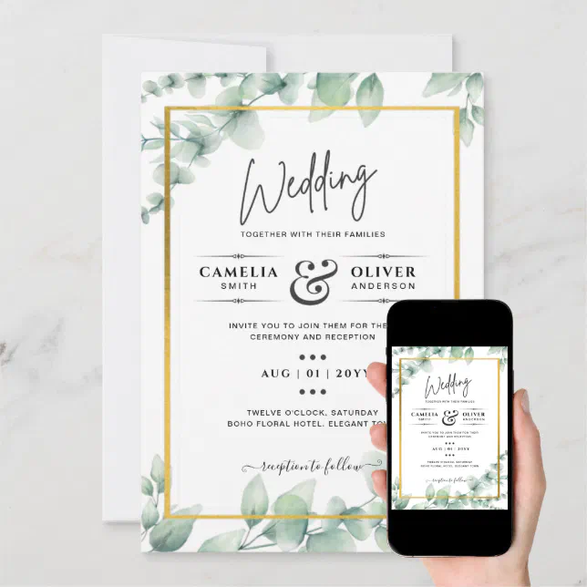 Eukalyptus Verlasse Wedding Greenery Gold Qr Code Einladung Zazzle De