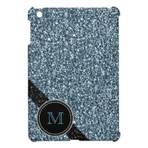 Faux Blue and Black Glitter Glam Monogram Cover For The iPad Mini
