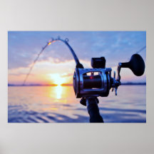 Fischen-Spule am Sonnenuntergang Plakate