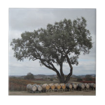 Fliese: Eiche und Fässer an Doce Robles Weinberg