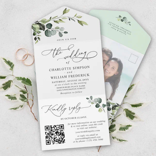 Foto Elegant Eukalyptus Greenery Wedding Qr Code All In One Einladung