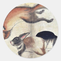 Fox und zwei Hasen Ukiyo-e. Runder Sticker
