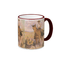 Frau auf Pferd durch Dunton, Vintager Cowgirl-Cowb Kaffeetassen