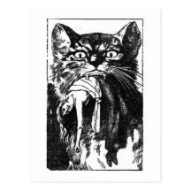 Frau, die Katze isst Postkarten