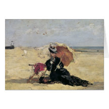 Frau mit einem Sonnenschirm auf dem Strand, 1880 Karte