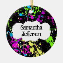 Frischer Retro Neonfarben-Spritzer auf Schwarzem Weihnachtsbaum Ornament