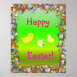 Fröhliche Ostern mit Küken und Blume Plakat