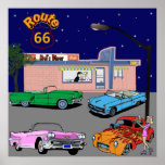 Fünfzigerjahre Restaurant-Weg 66 und Vintage Autos Posterdrucke