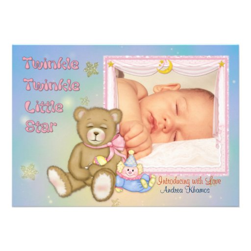 Funkeln-Stern-Teddybär-Foto-Mitteilung - Mädchen Einladungskarte