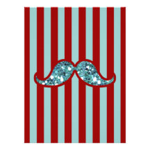 FUNNY BLUE MUSTACHE GLITTER RED STRIPES CUSTOM INVITE