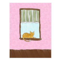 Gelbe Miezekatze in einer Fenster-Postkarte