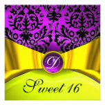 GELBES GOLDband-LILA SCHWARZES DAMAST-MONOGRAMM Individuelle Einladungskarte