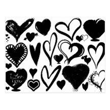 Gezeichnete Liebe-Romance Herzen Weiß, schwarz Postkarte