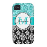 Girly, aquamarin, Glitter-schwarzer Damast persona Case-Mate iPhone 4 Hülle