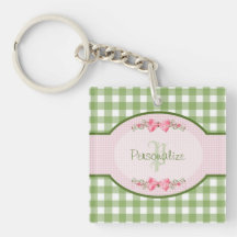 Girly grünes Gingham-Monogramm mit Namen Schlüsselanhänger
