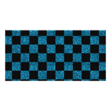 Glitter blue and black checkered pattern photo card template