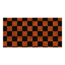 Glitter orange and black checkered pattern photo greeting card