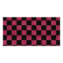 Glitter pink and black checkered pattern custom photo card