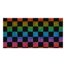 Glitter rainbow and black checkered pattern customized photo card