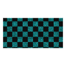 Glitter turquoise and black checkered pattern personalized photo card