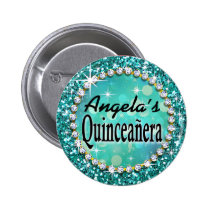 Glitz Glam Bling Quinceañera Celebration teal buttons