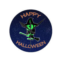 Glückliche Halloween-Hexe auf Broomstick Wanduhren