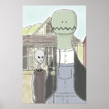 godzilla und ein alien in "amerikanischem gotische plakat