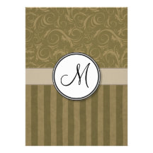 Gold and Tan Floral Wisps & Stripes with Monogram Custom Invite