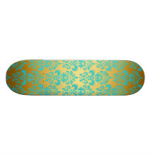 Gold, Aqua Blue Damask Pattern 2 Skate Boards