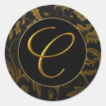 Gold des Monogramm-C und schwarzes Damast-Hochzeit Runde Aufkleber