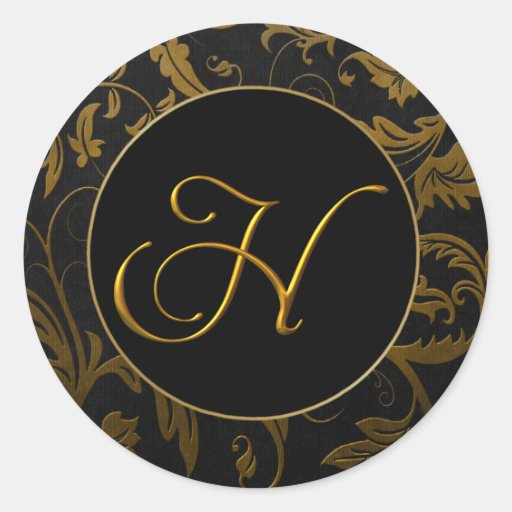 Gold des Monogramm-H und schwarzes Damast-Hochzeit Aufkleber