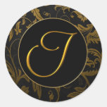 Gold des Monogramm-I und schwarzes Damast-Hochzeit Runder Sticker