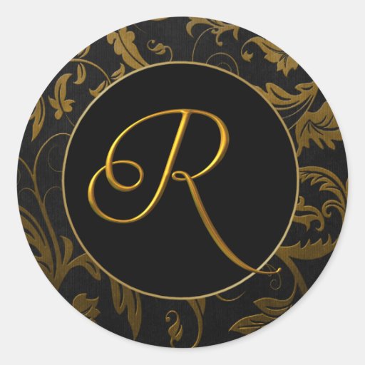 Gold des Monogramm-R und schwarzes Damast-Hochzeit Runder Sticker