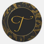 Gold des Monogramm-T und schwarzes Damast-Hochzeit Runder Aufkleber