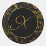 Gold des Monogramm-X und schwarzes Damast-Hochzeit Runder Aufkleber