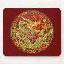 Golden asian dragon embroidered on dark red mousepad