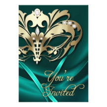 Goldmaskerade-aquamarine Jeweled Party Einladung